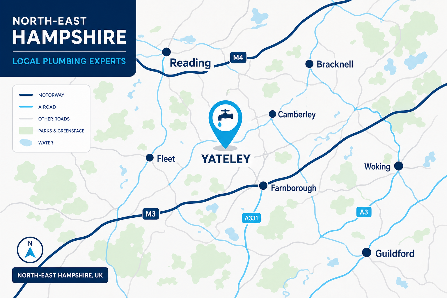 Coverage map — Yateley and surrounding Hampshire, Surrey and Berkshire towns