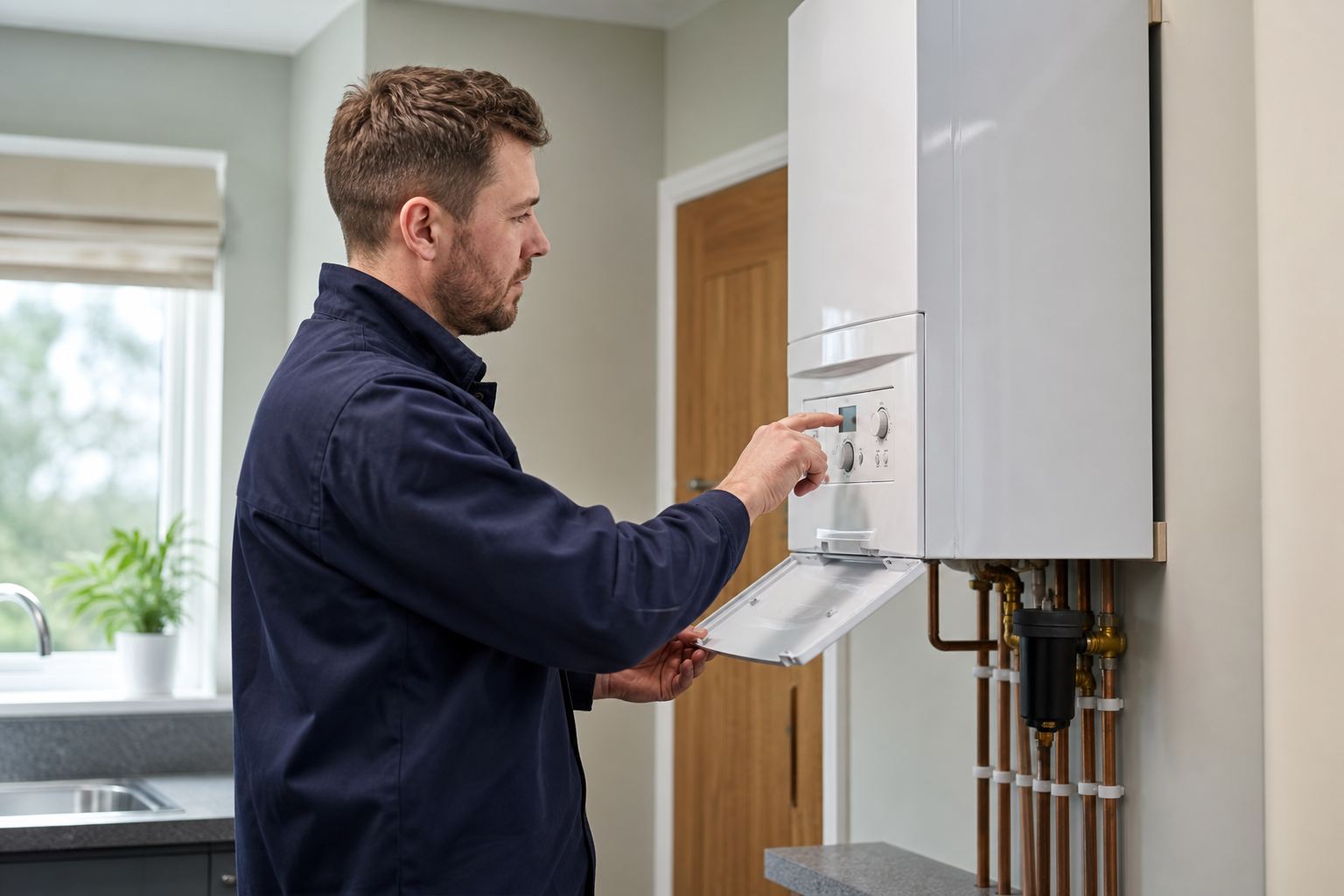 Gas Safe engineer servicing a wall-mounted combi boiler